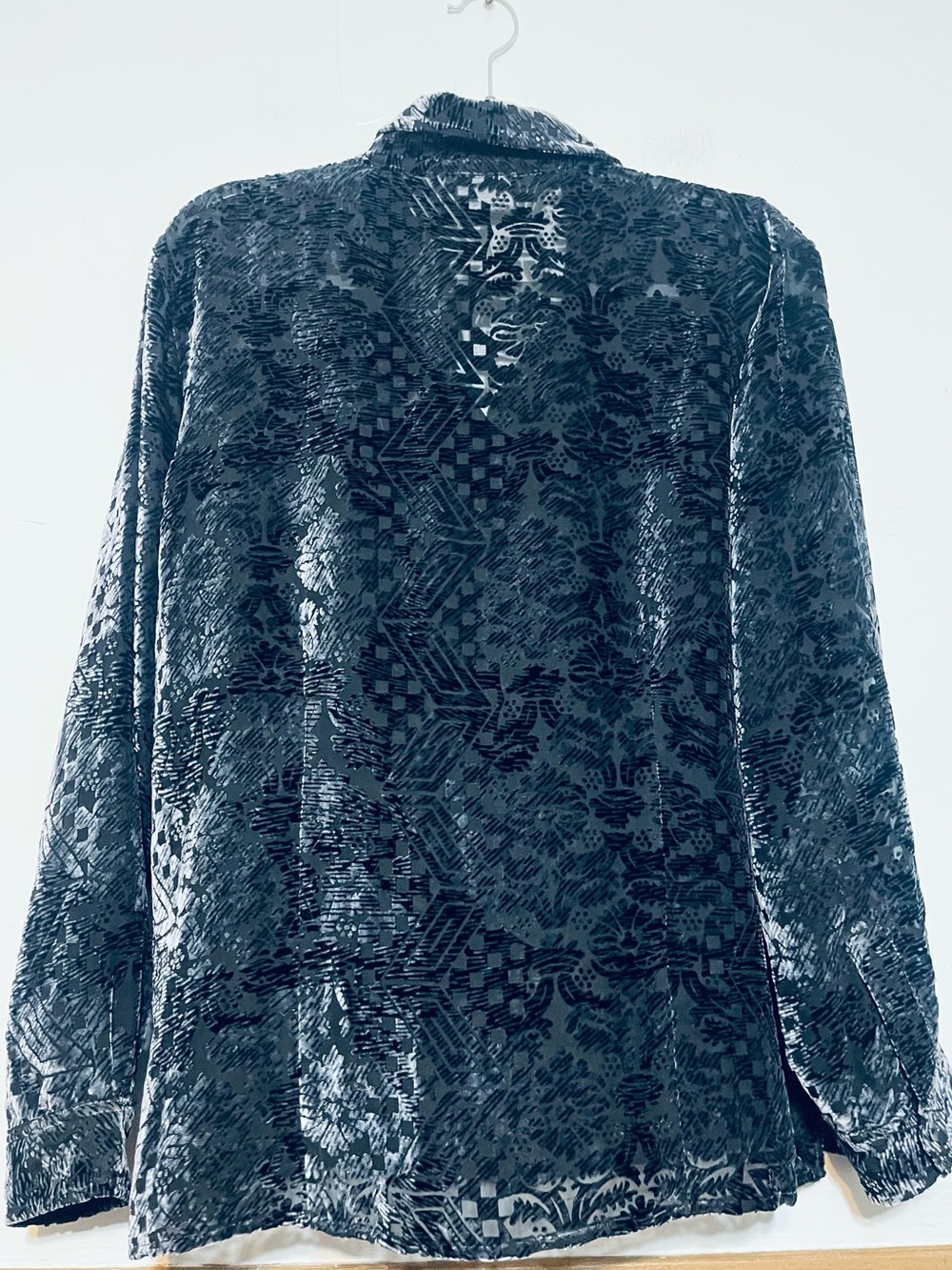 Chico's Shiny Textured Black Velvet Button-Up Blouse - Picture 2 of 6